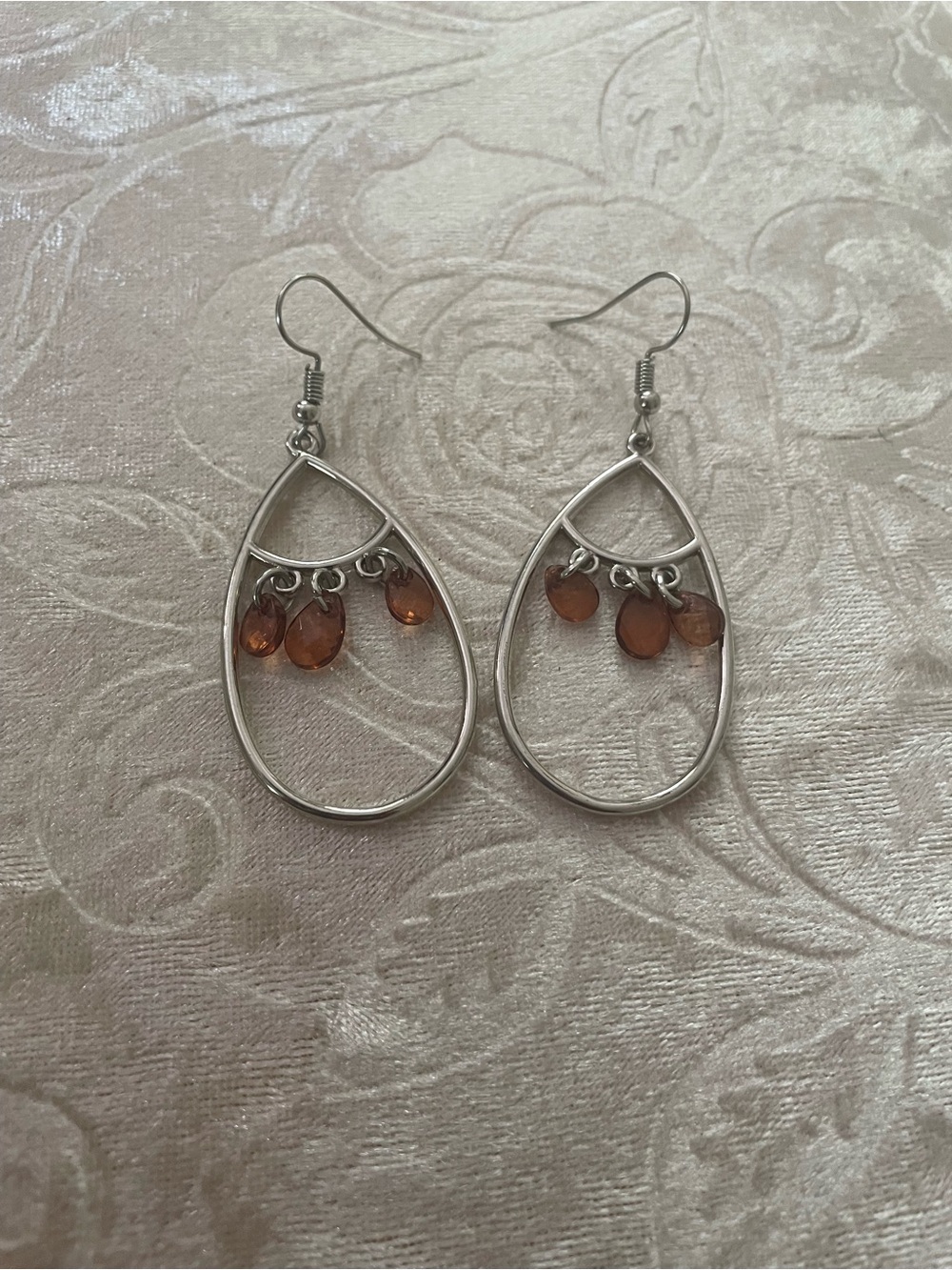 Silver Teardrop Earrings with Amber Accent Drops - Women Jewelry